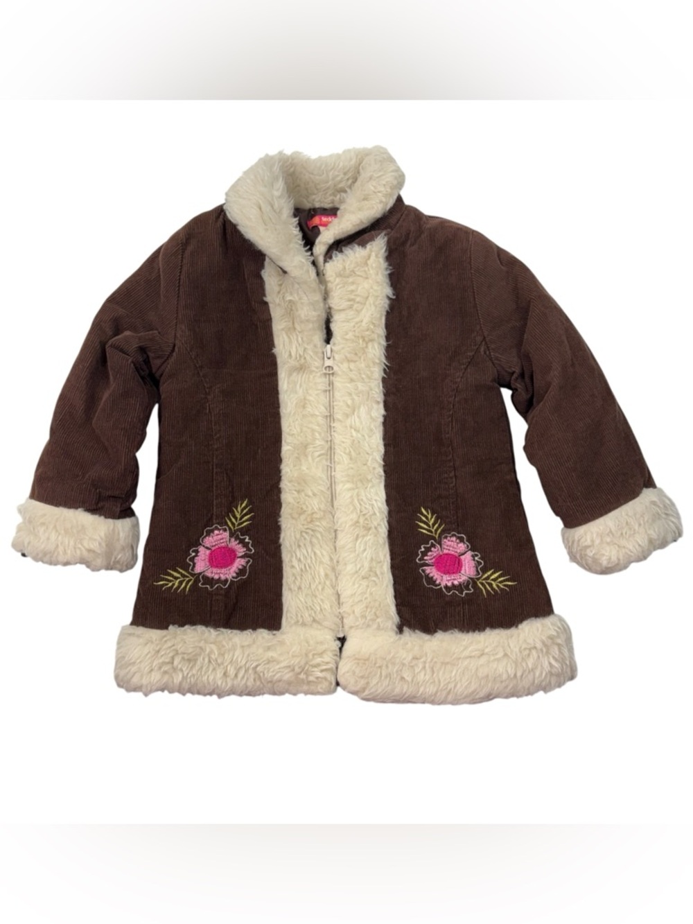Teddy Boom Vintage 90s Brown Floral Embroidered Fur Trim Penny Lane Coat 2T Y2K